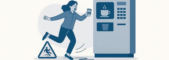 stilisierte Szene mit einem Büroflur, einem Kaffeeautomaten und einem Warnschild auf einem frisch gewischten Boden