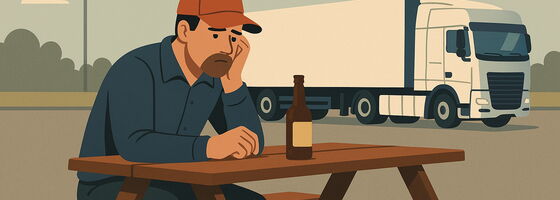 Ein Lkw-Fahrer allein auf einem Rastplatz, mit Symbolen für Isolation und Alkoholproblematik