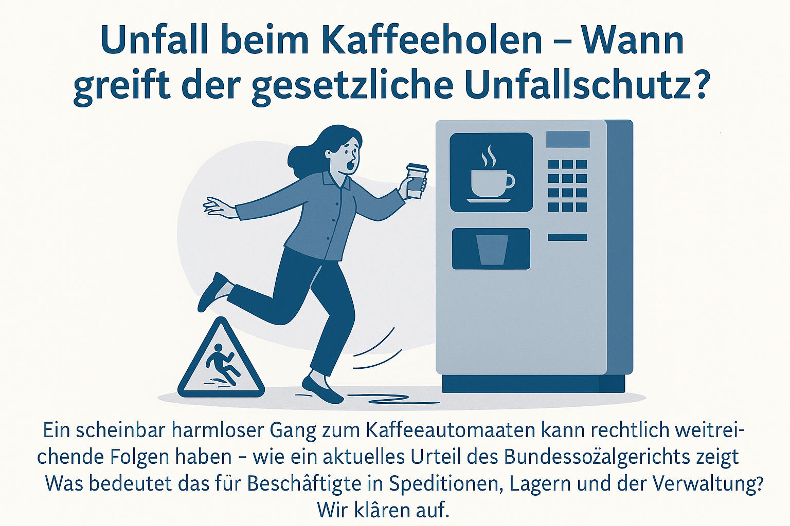 stilisierte Szene mit einem Büroflur, einem Kaffeeautomaten und einem Warnschild auf einem frisch gewischten Boden