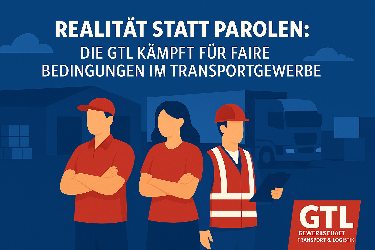 Illustration im GTL‑Design: Drei Beschäftigte aus Transport und Logistik stehen selbstbewusst mit verschränkten Armen vor Lagerhalle und LKW. Darüber der Text ‚Realität statt Parolen: Die GTL kämpft für faire Bedingungen im Transportgewerbe‘. GTL‑Logo unt