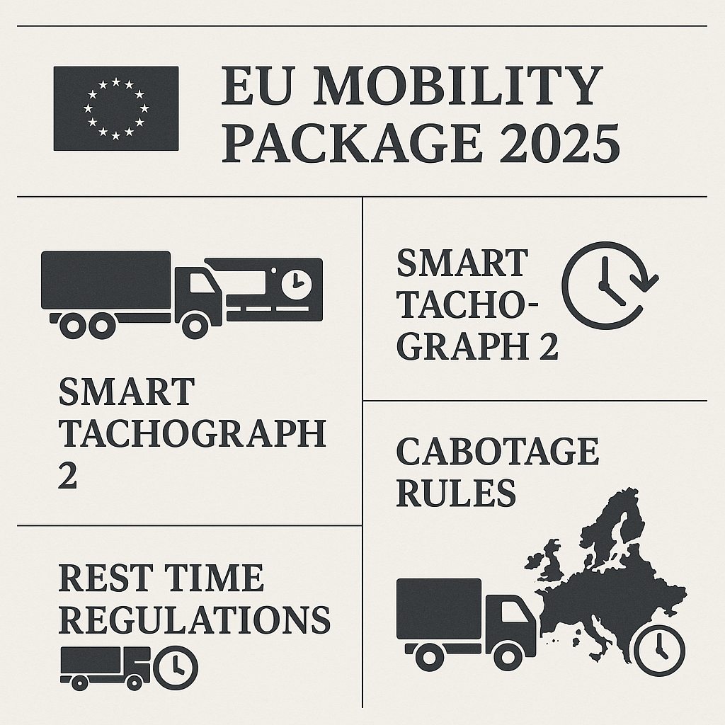 Infografik über Schlüsselpunkte des EU Mobilitätspaket 2025