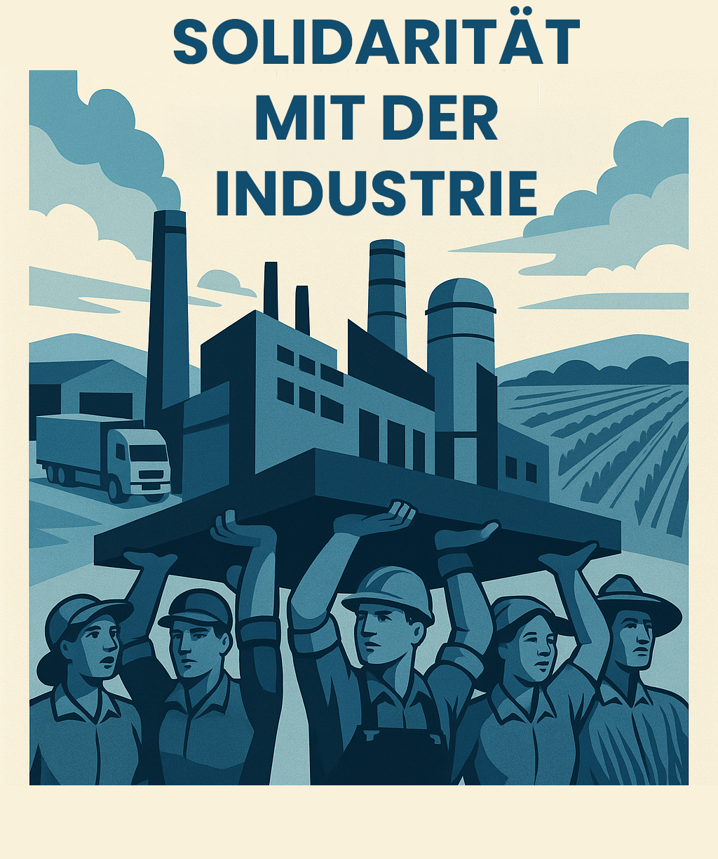 Eine symbolische Grafik in Blautönen für einen Presseartikel der Gewerkschaft Transport & Logistik (GTL), die Solidarität mit Industriearbeitern zeigt. Die Szene zeigt eine Gruppe von Arbeiterinnen und Arbeitern aus verschiedenen Branchen